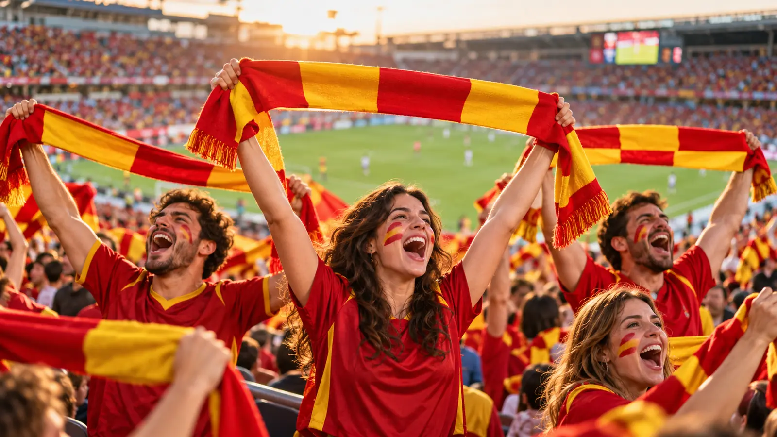 Aficionados españoles con camisetas rojas animan en la grada con bufandas rojas y amarillas en alto