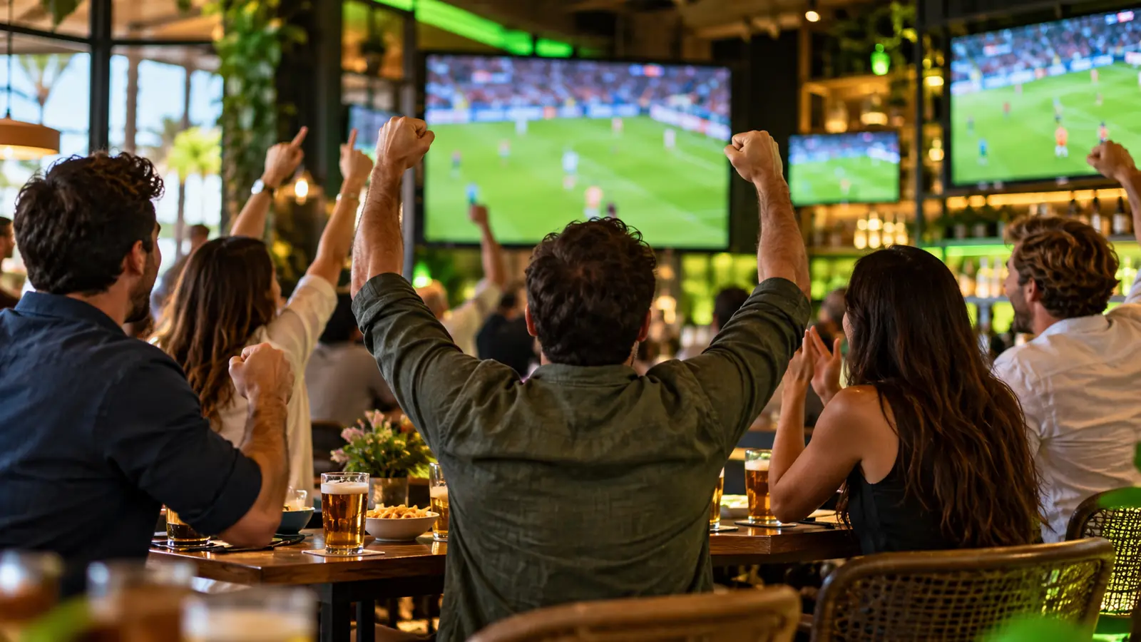 Ver el fútbol en un local deportivo en Mallorca Grupo de aficionados celebra un gol viendo un partido en las pantallas de un local deportivo con ambiente cálido