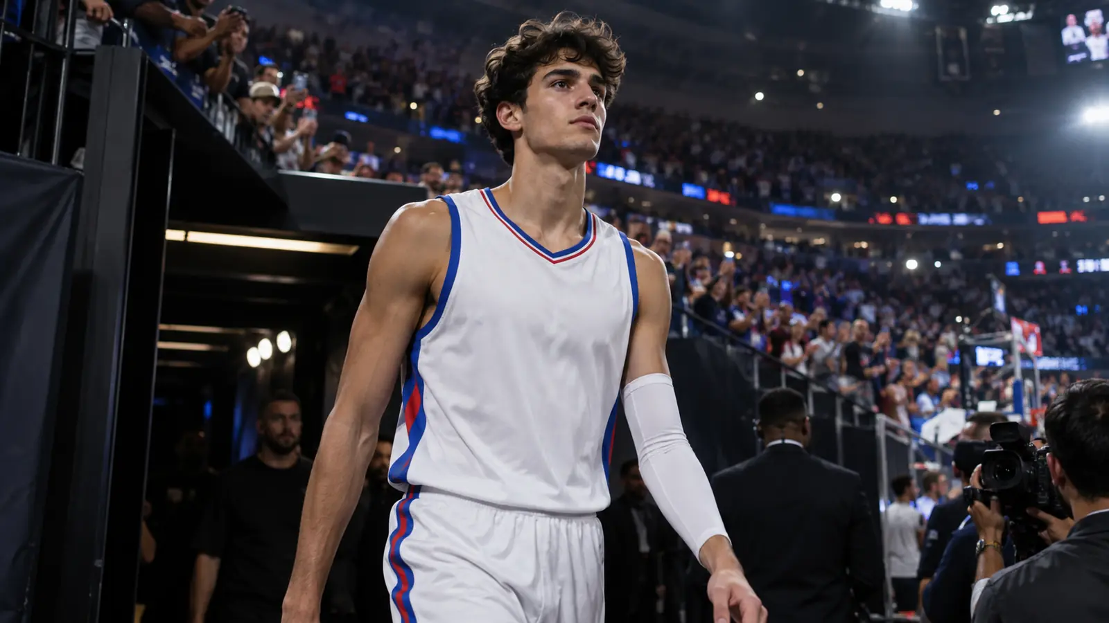 Alero novato sale del túnel en su debut NBA Joven alero con camiseta blanca de ribetes azules y rojos saliendo del túnel de vestuarios hacia la pista de un pabellón lleno