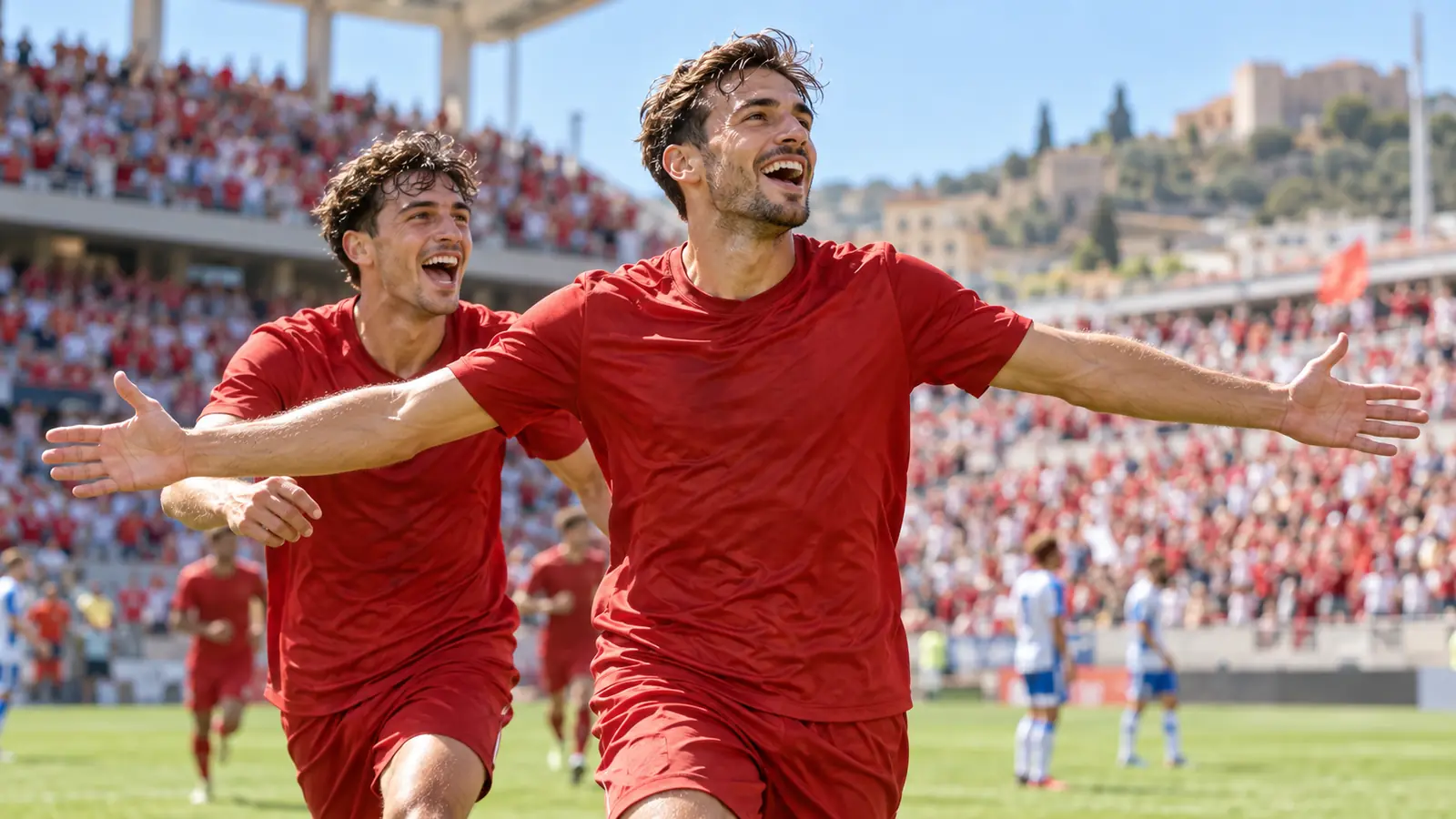 Dos jugadores con equipación roja celebran un gol con los brazos abiertos en un estadio de día lleno de aficionados.