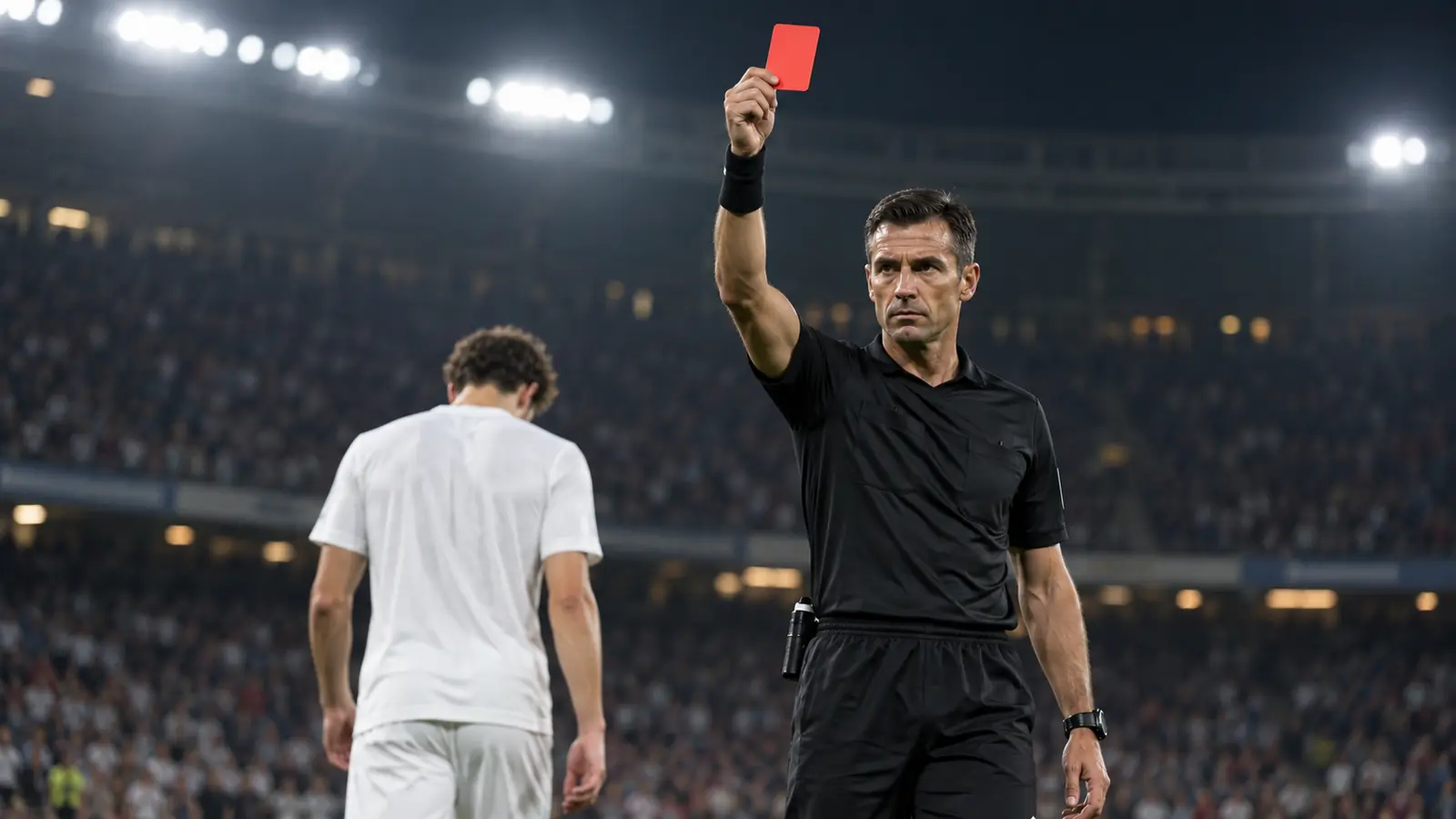 Un árbitro muestra una tarjeta roja en un estadio lleno de noche mientras un jugador con equipación blanca se aleja cabizbajo.