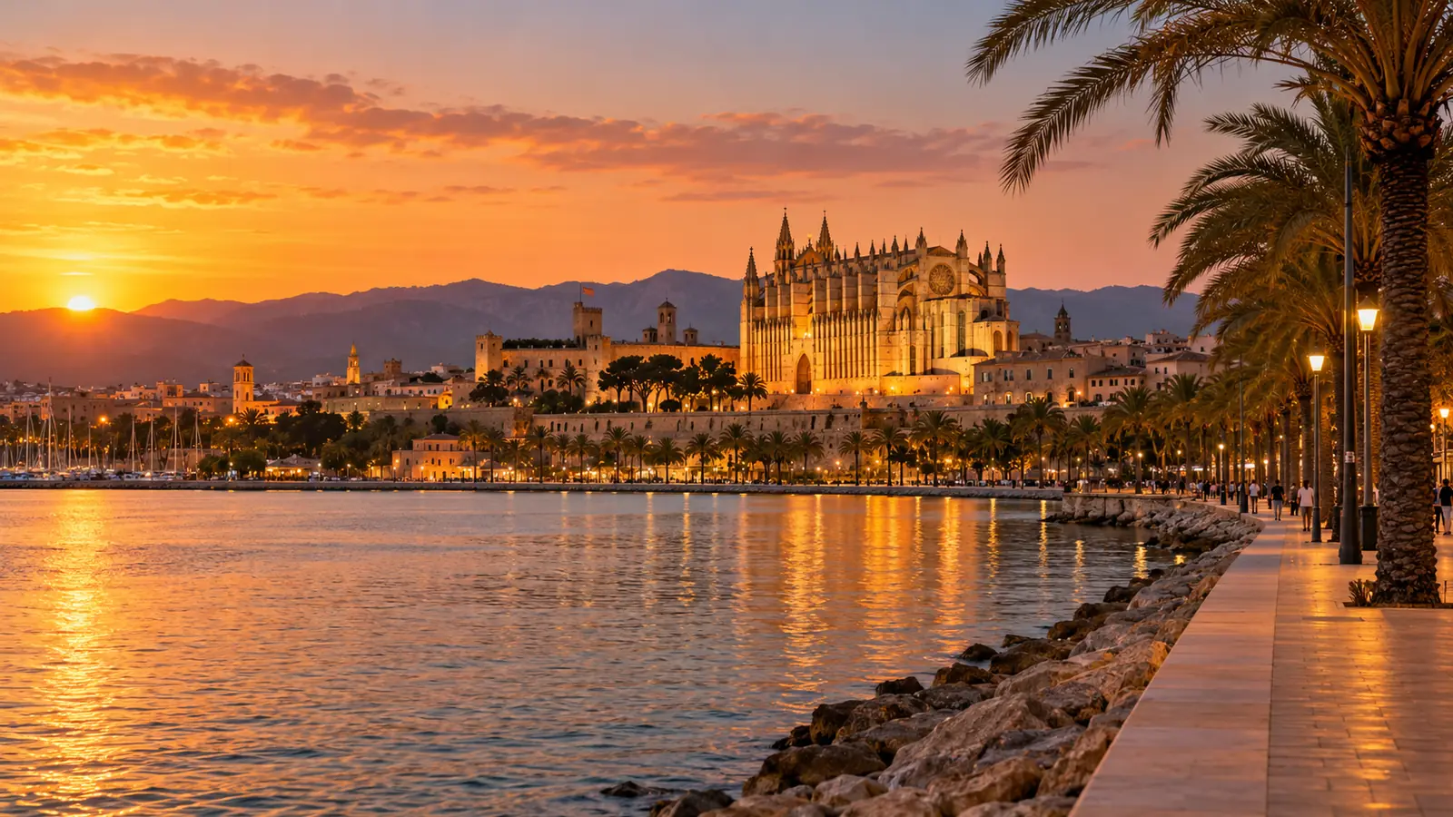 Bahía de Palma y la catedral al atardecer Bahía de Palma de Mallorca al atardecer con la catedral iluminada y el paseo marítimo con palmeras