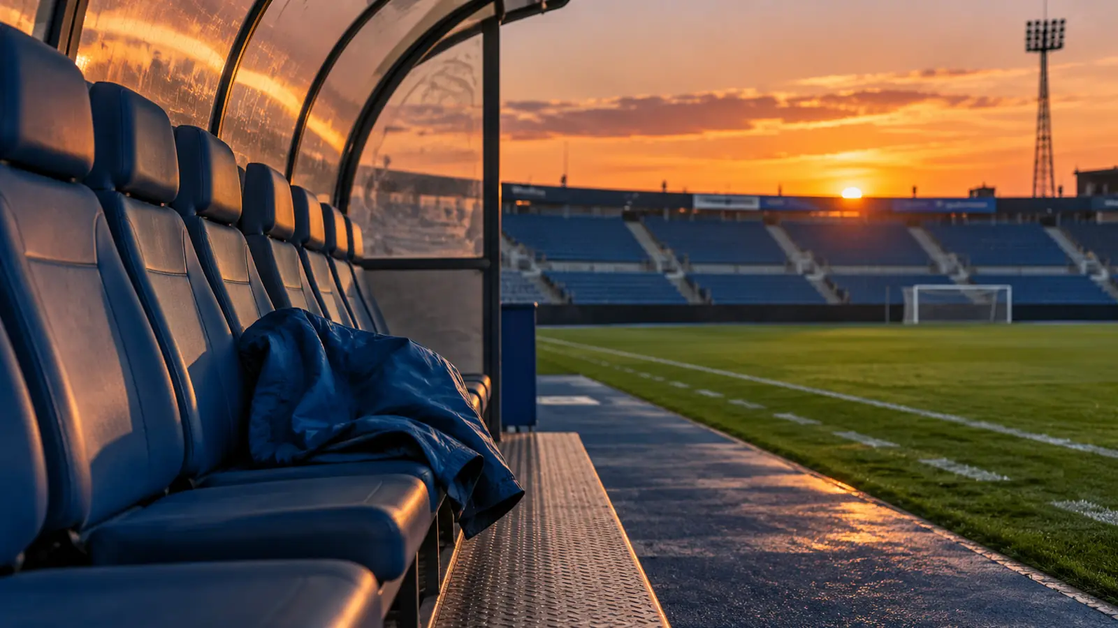 Banquillo vacío tras la destitución del entrenador Banquillo vacío de un estadio al atardecer con una chaqueta azul de entrenador abandonada sobre un asiento