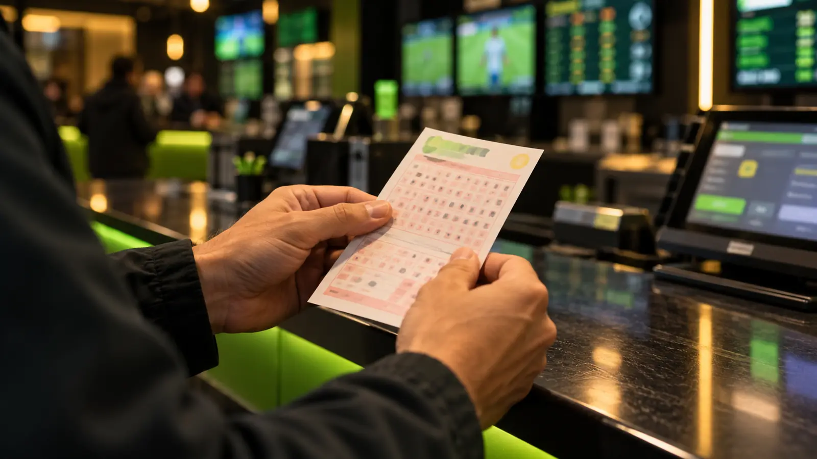Persona sostiene un boleto de lotería sobre el mostrador de un local de apuestas con terminales de validación al fondo
