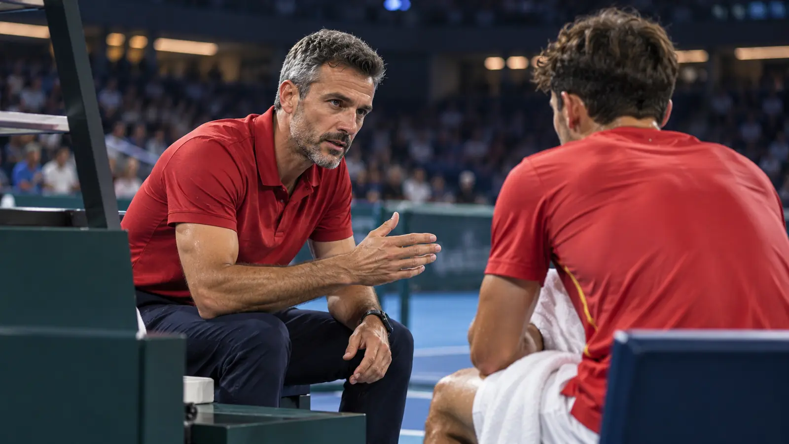 Capitán de tenis con polo rojo da instrucciones a un jugador durante un cambio de lado en una eliminatoria de Copa Davis