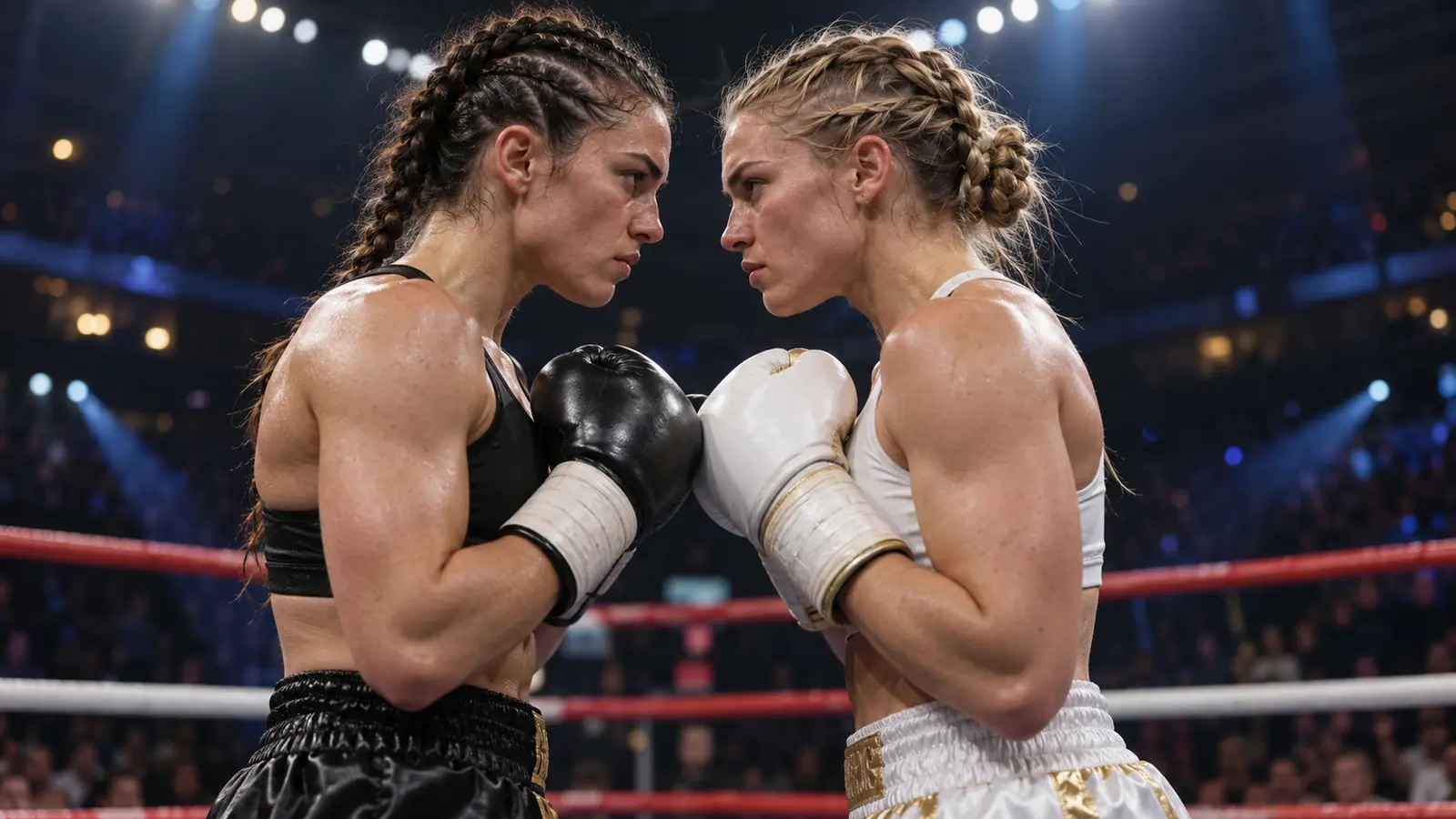 Careo de dos boxeadoras antes del combate Dos boxeadoras femeninas se miran frente a frente en el ring antes de un combate de titulo