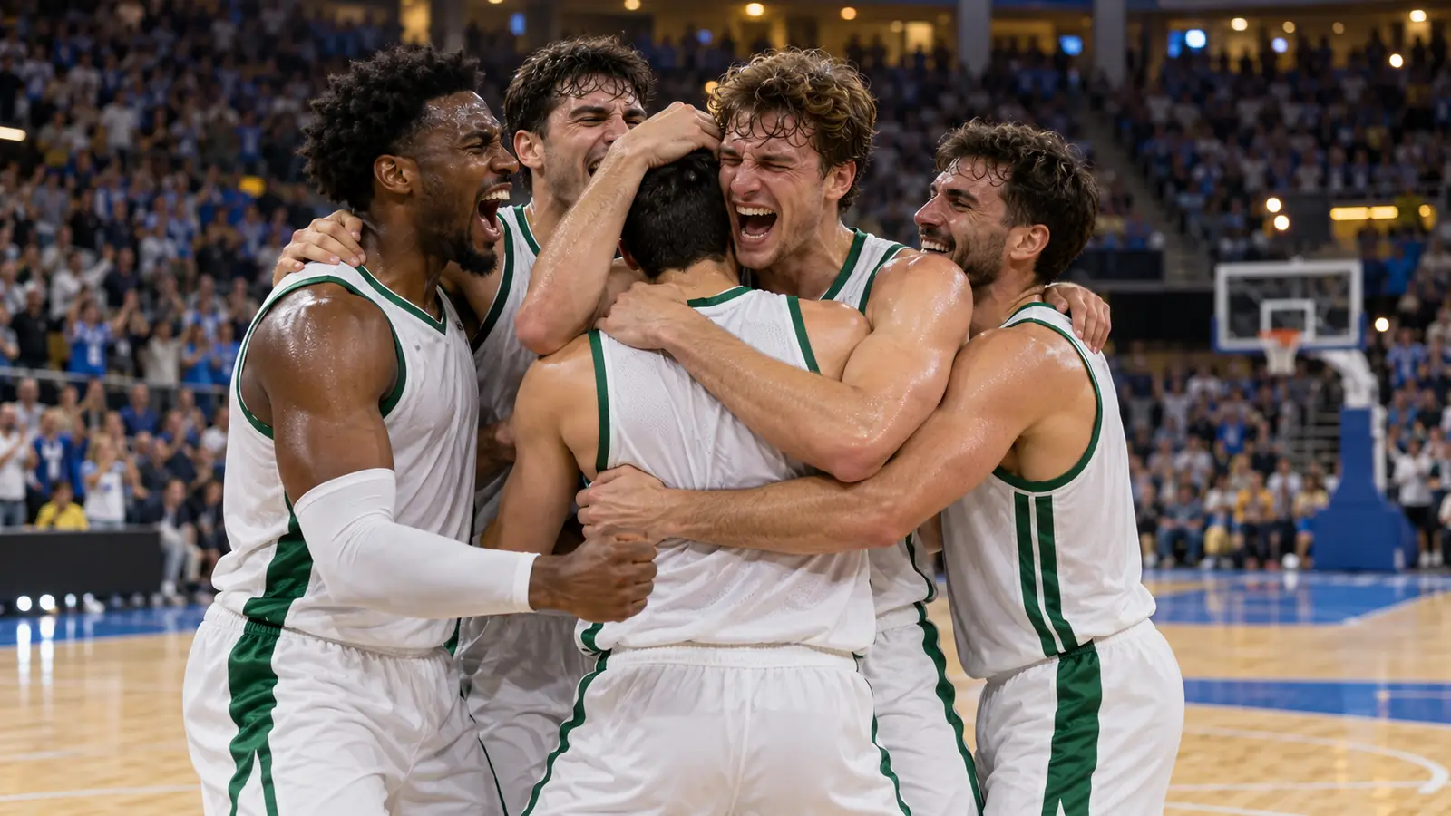 Celebracion del Palmer Basket en Donostia Jugadores de baloncesto con equipacion blanca y verde celebran abrazados una victoria a domicilio