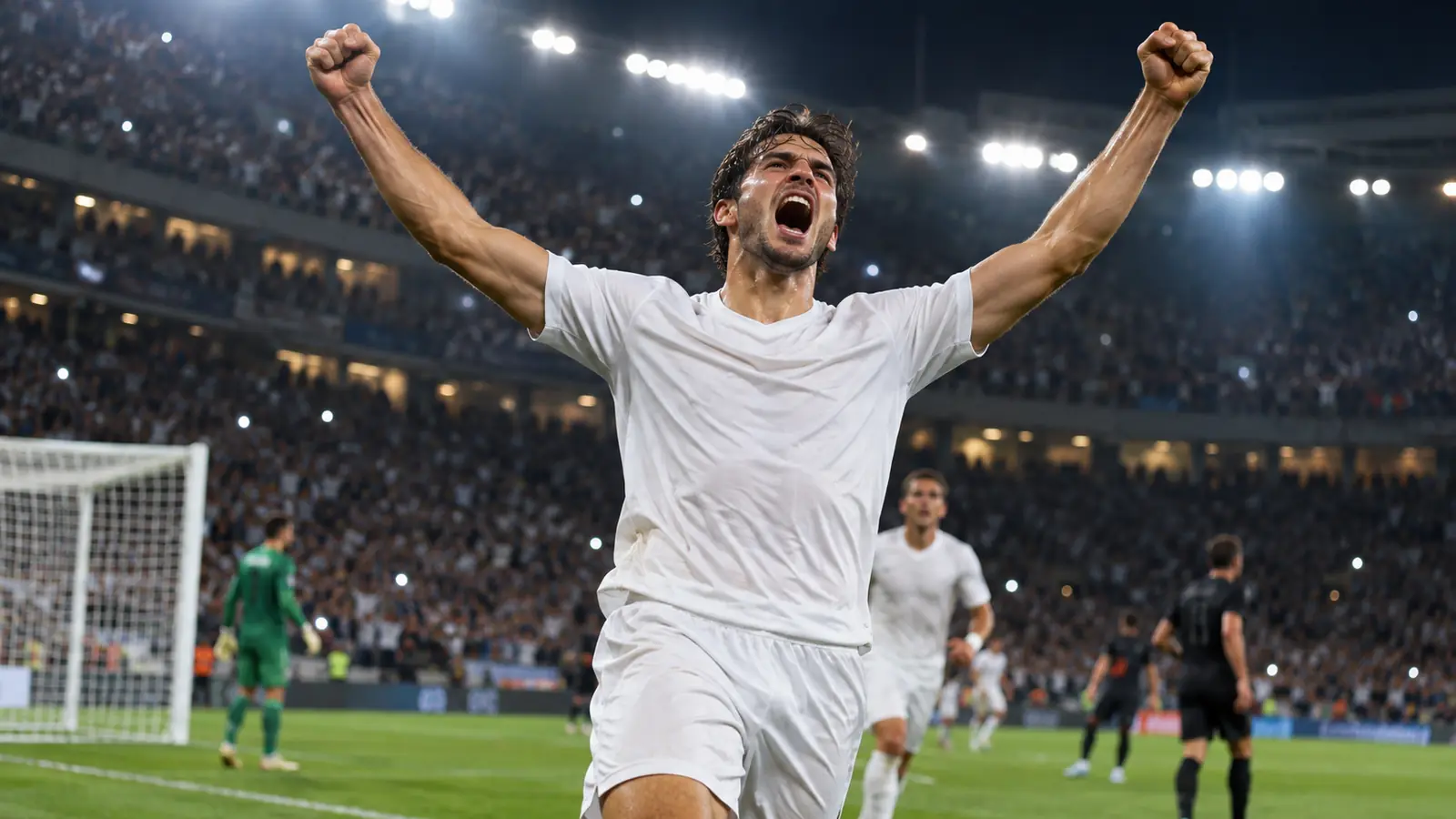 Un delantero con camiseta blanca celebra un gol con los brazos en alto en un Camp Nou abarrotado durante el Clásico