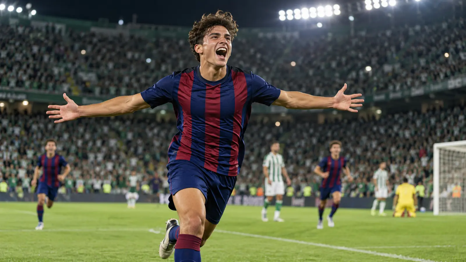 Celebración de un gol azulgrana en La Cartuja Futbolista con camiseta azulgrana celebra un gol con los brazos abiertos en un estadio nocturno lleno, en el Betis 2-5 Barcelona de La Cartuja