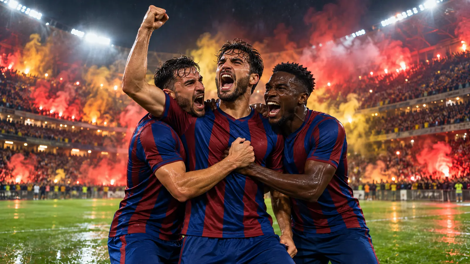 Tres futbolistas con camiseta a rayas azul y granate se abrazan celebrando un gol de noche en un estadio con bengalas rojas y amarillas en la grada