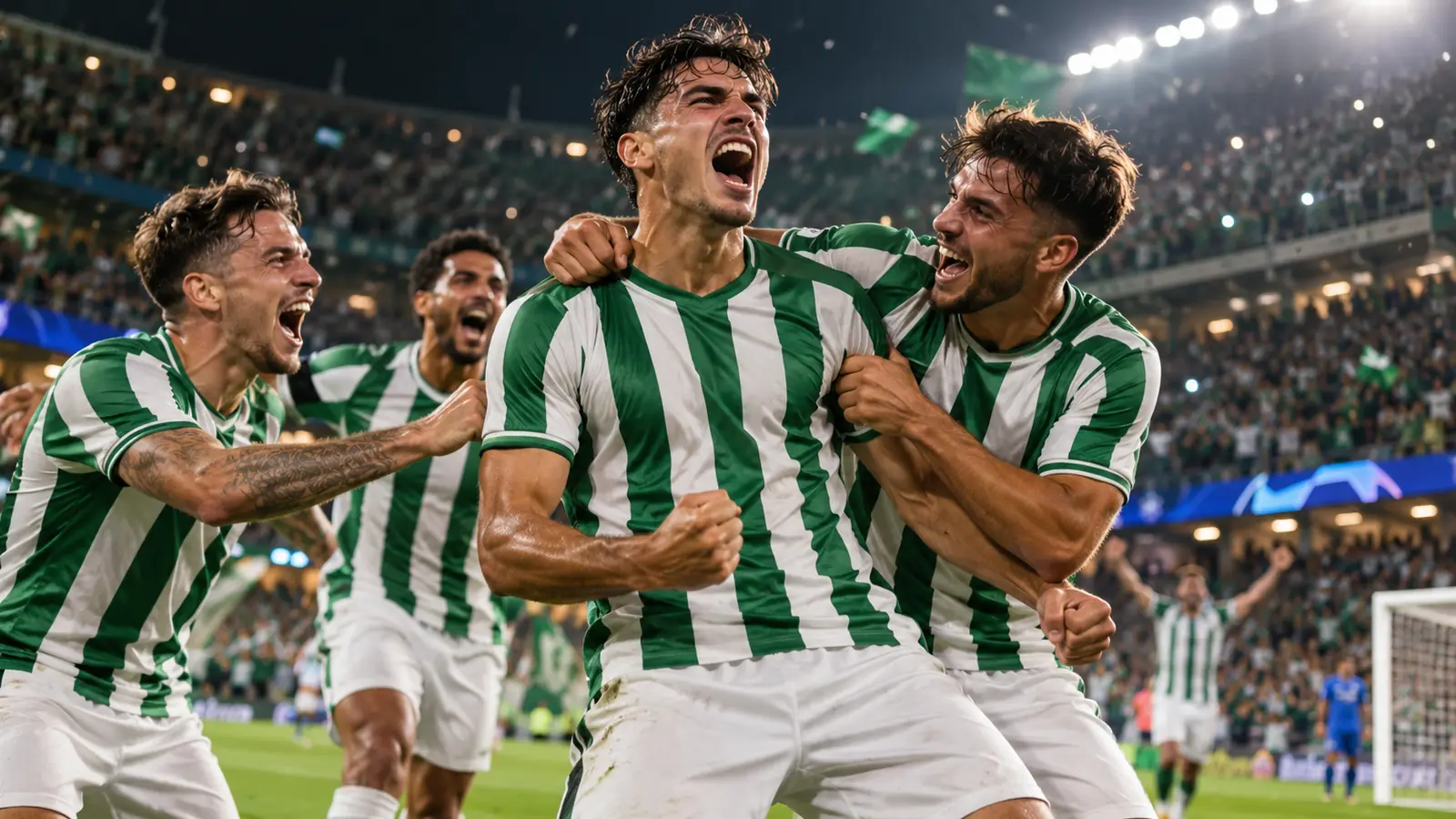 Jugadores del Betis celebran un gol en La Cartuja Futbolistas con camiseta de rayas verdes y blancas celebran eufóricos un gol en un estadio lleno de noche