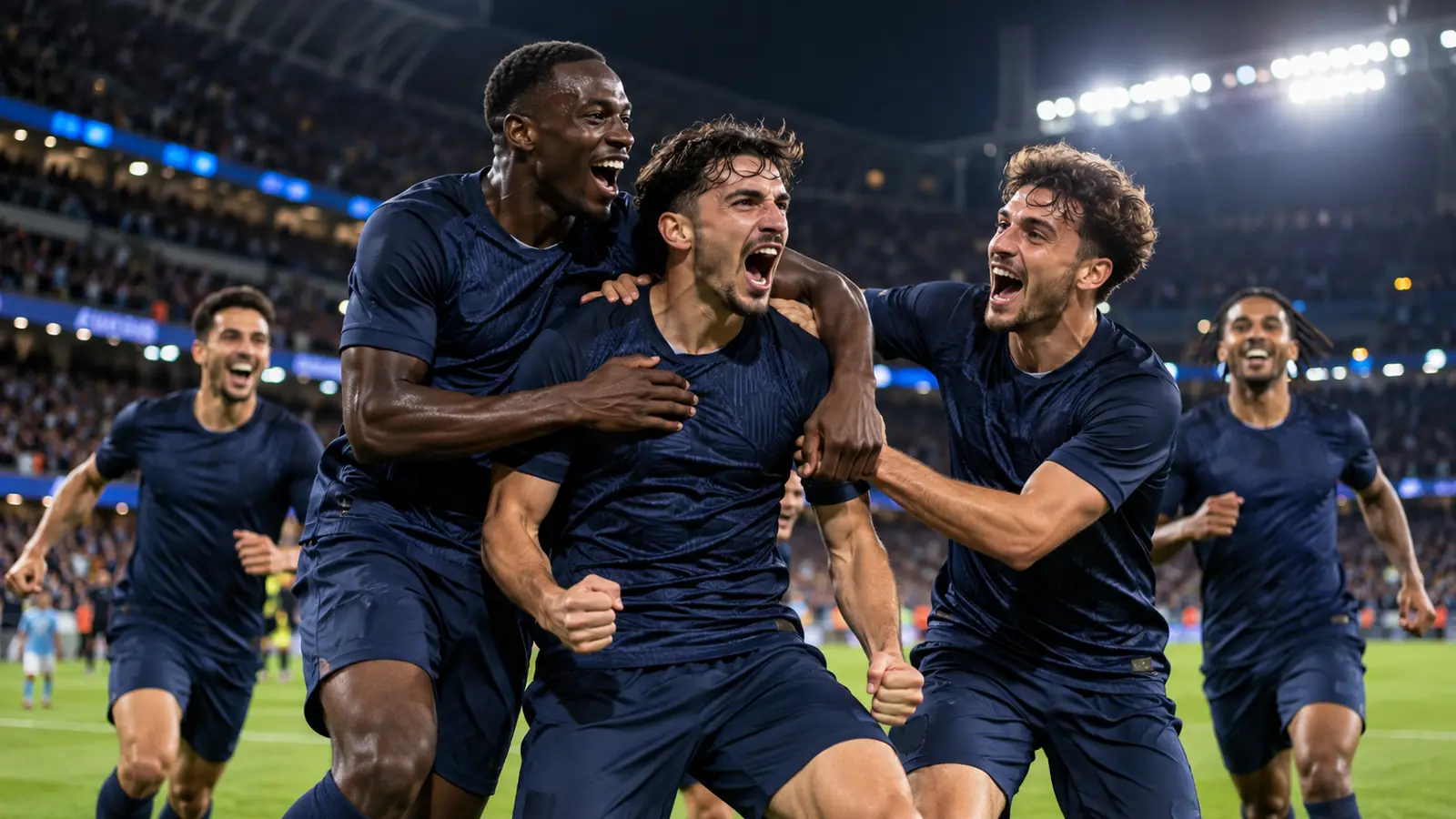 Futbolistas con camiseta azul marino celebran eufóricos un gol en un estadio lleno de noche