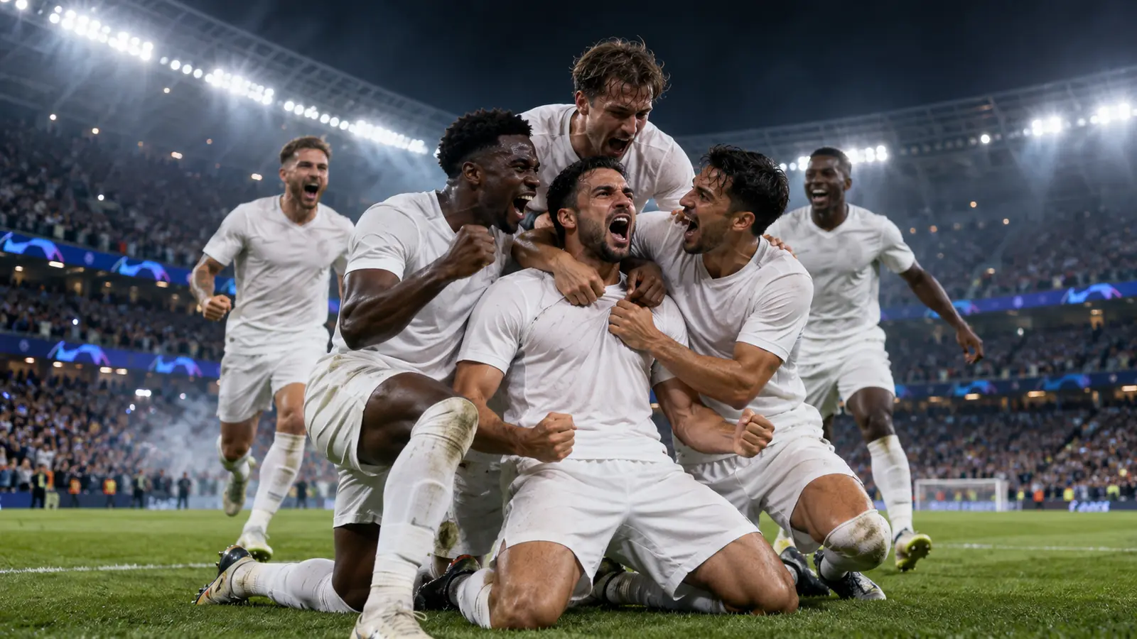 Jugadores con equipación blanca celebran eufóricos un gol en un estadio europeo de noche, en alusión a la remontada del Real Madrid en Roma.