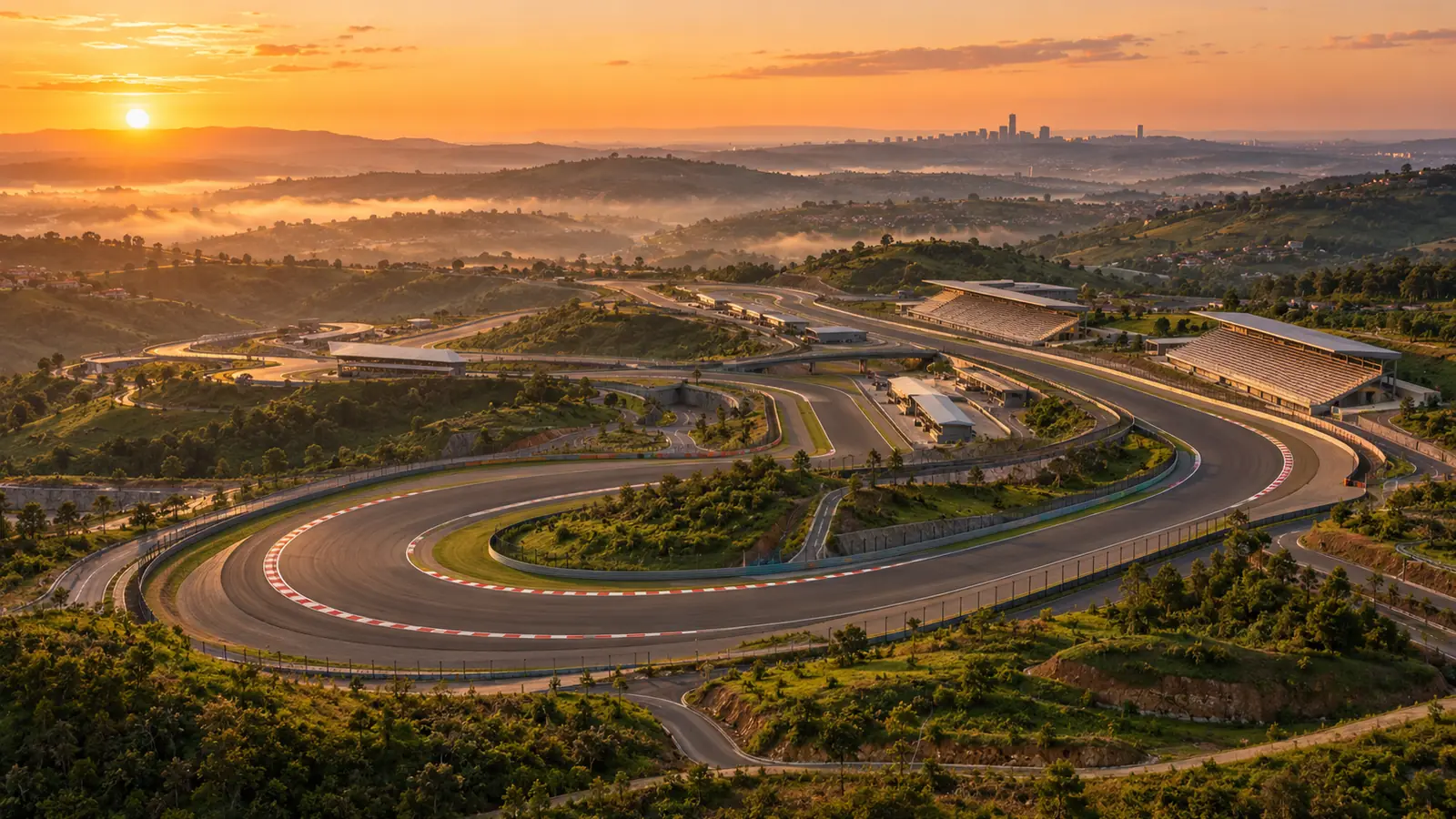Circuito de F1 entre las colinas de Ruanda Vista aérea al atardecer de un circuito de carreras moderno con curvas enlazadas entre colinas verdes y neblina, con una ciudad africana al fondo