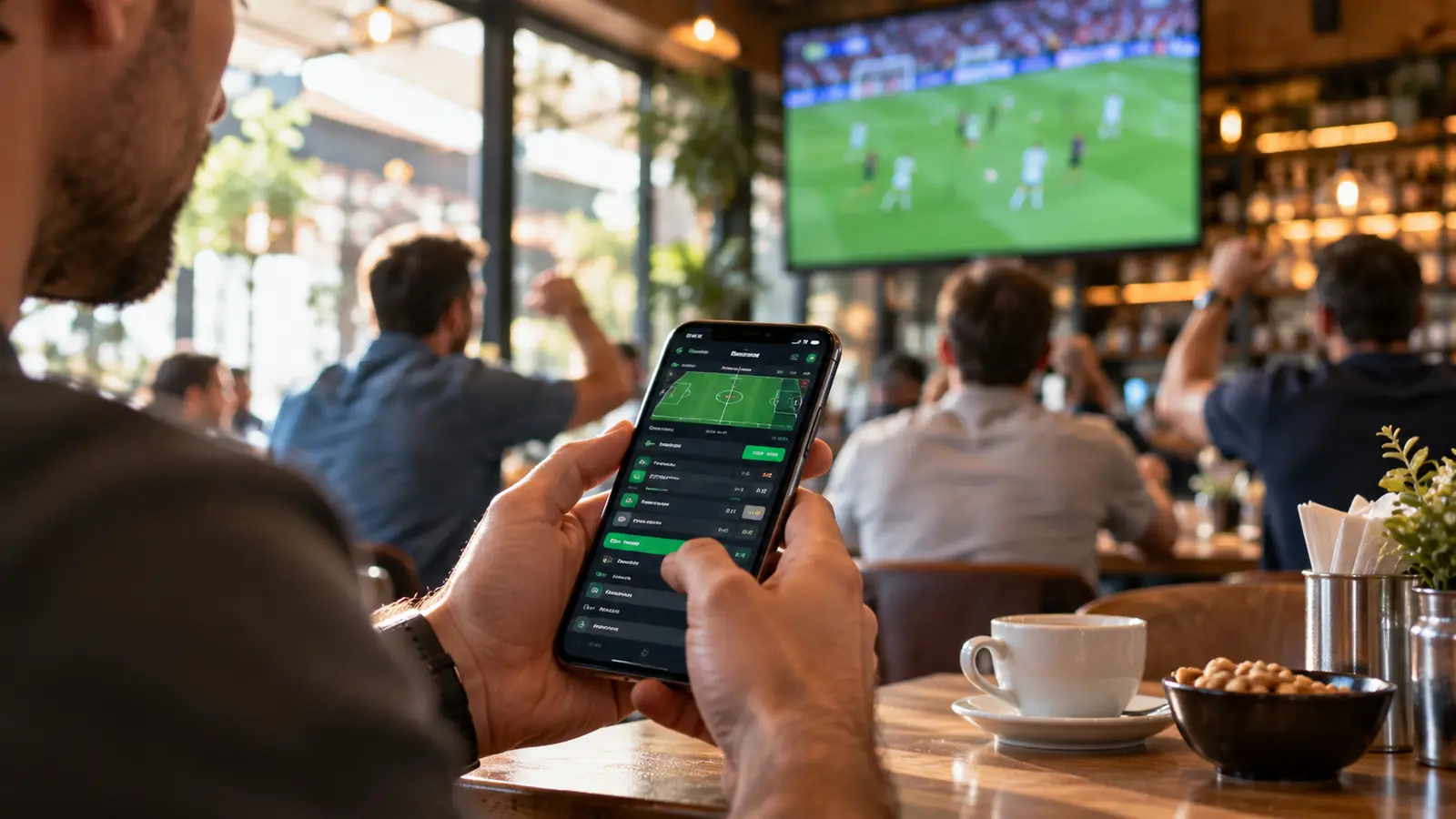 Consultar una apuesta en el móvil Persona consulta una apuesta deportiva en su móvil en una cafetería mientras se emite un partido de fútbol en la pantalla del fondo