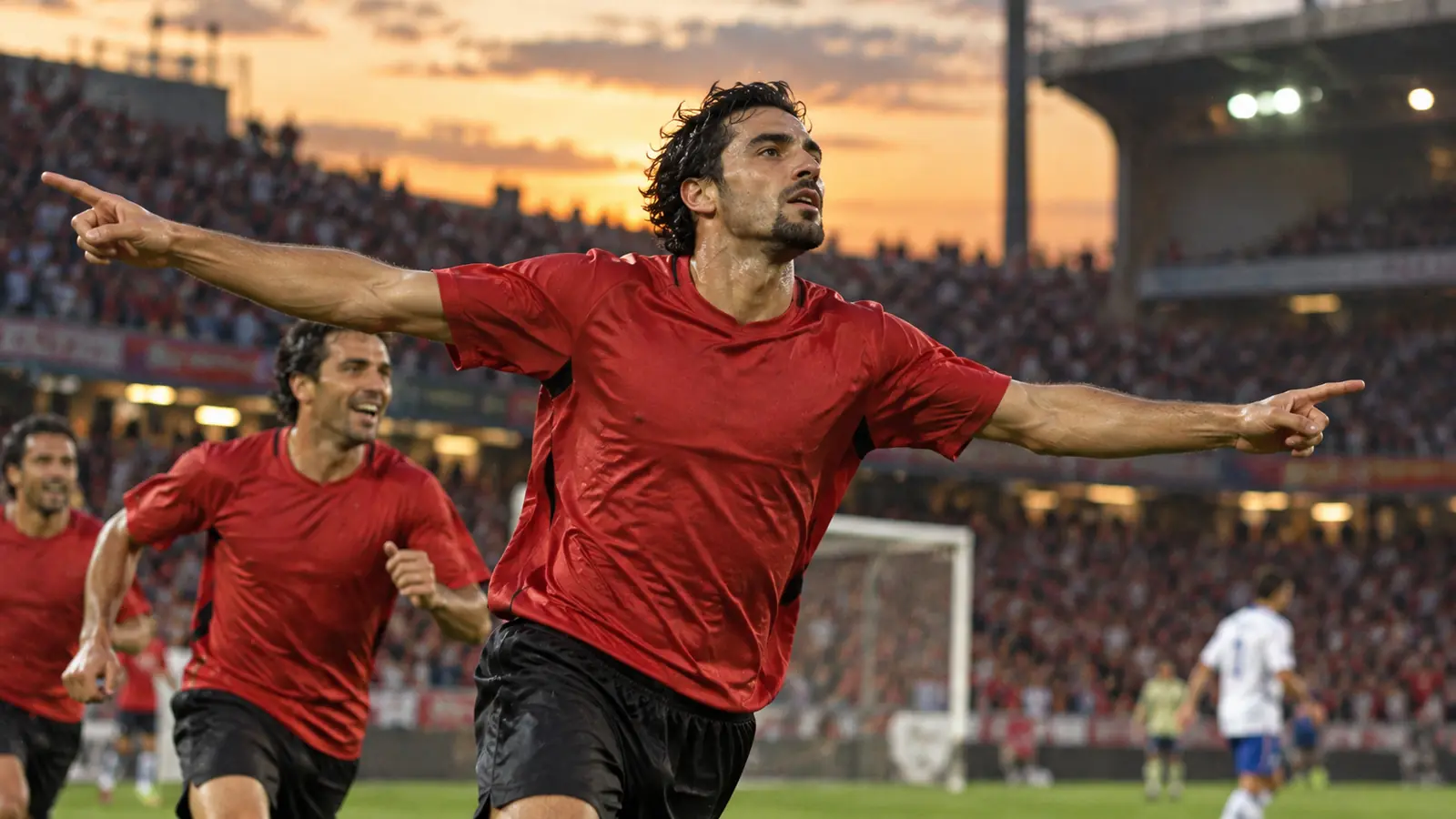 Delantero celebra un gol con camiseta roja Delantero con camiseta roja y pantalón negro celebra un gol con los brazos abiertos ante la grada al atardecer