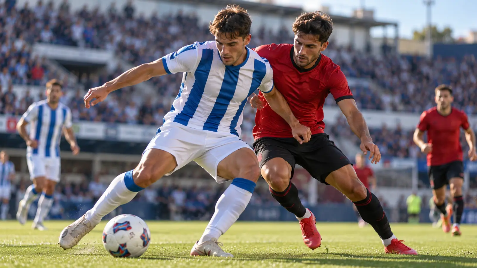 Duelo por el balón entre blanquiazules y bermellones Futbolista con camiseta blanquiazul a rayas protege el balón ante un rival de rojo y negro en un estadio soleado