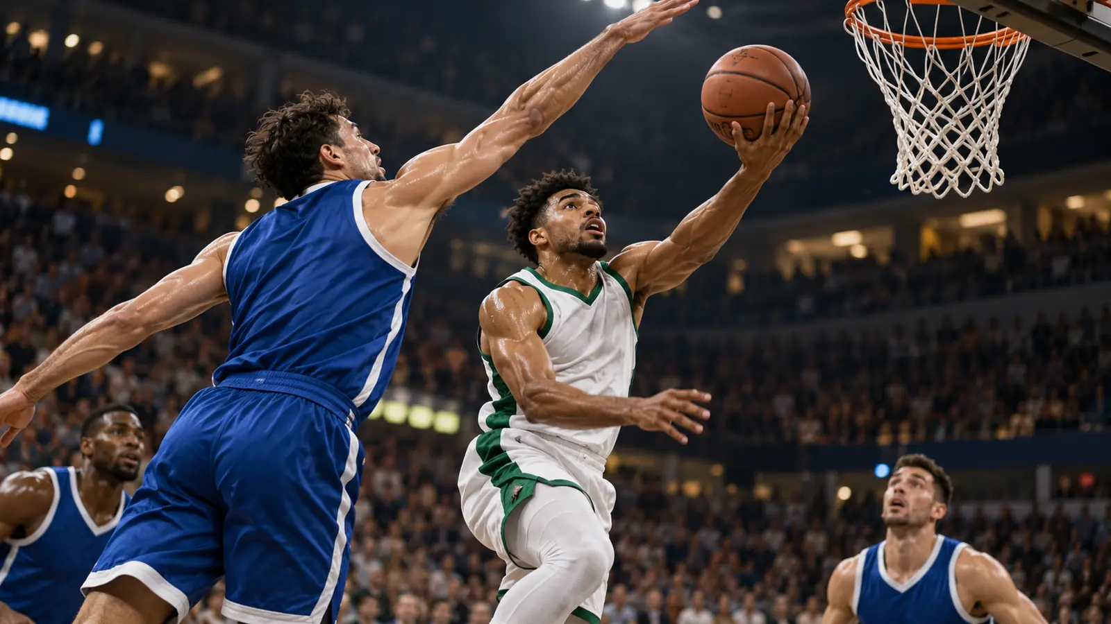 Entrada a canasta en los segundos finales Jugador de baloncesto con equipacion blanca y verde entra a canasta ante un defensor de azul
