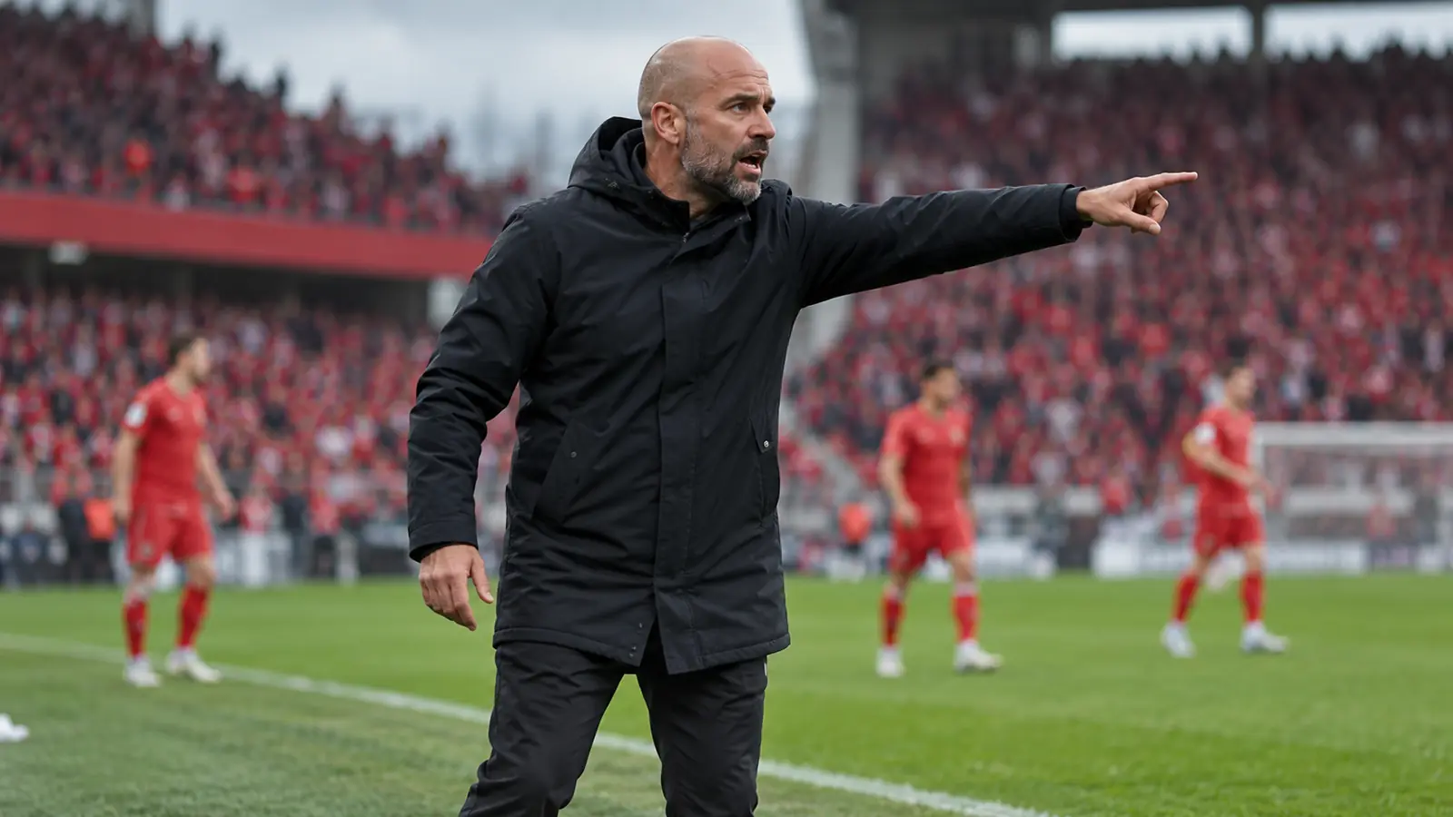 Entrenador da instrucciones en la banda de El Sadar Entrenador calvo con chaqueta negra da instrucciones desde la banda con jugadores de rojo y la grada llena al fondo