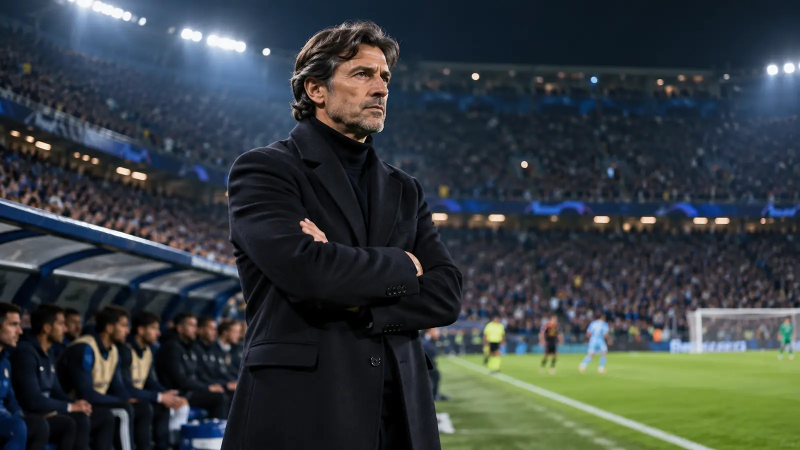 Entrenador visitante en la zona técnica Entrenador con abrigo oscuro y brazos cruzados en la zona técnica del banquillo visitante durante un partido nocturno de Champions