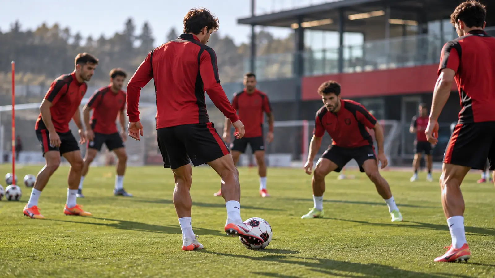 Entrenamiento con rondo de un equipo de rojo y negro Futbolistas con equipación de entrenamiento roja y negra hacen un rondo en el césped de la ciudad deportiva