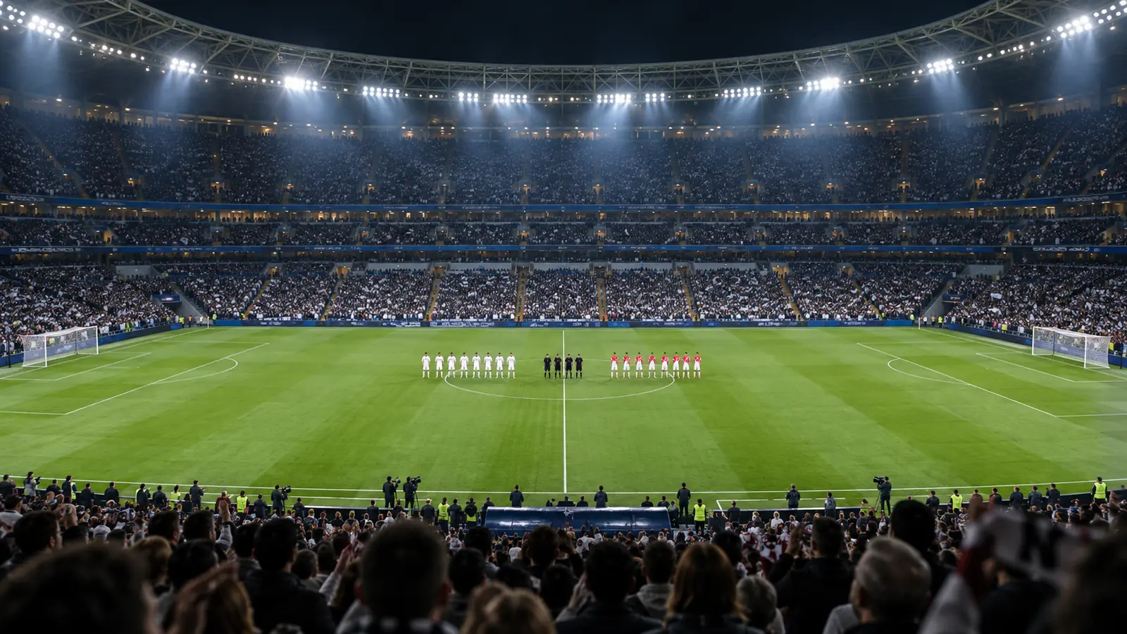 Equipos formados en una noche de Champions Dos equipos formados en el centro del campo de un estadio lleno antes del saque inicial de una noche de Champions