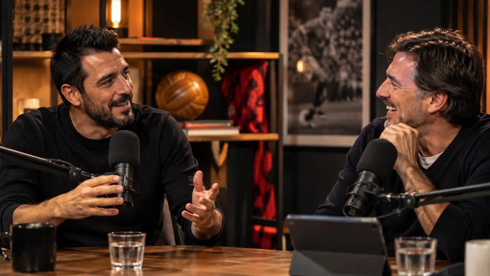 Charla en un estudio de podcast deportivo Dos hombres conversan y ríen frente a micrófonos en un estudio de podcast deportivo con un balón antiguo en la estantería