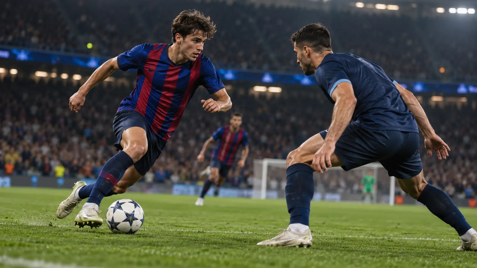 Extremo encara al lateral en un duelo de Champions Extremo con camiseta azulgrana encara en carrera a un defensor de azul marino en un partido nocturno de Champions en París