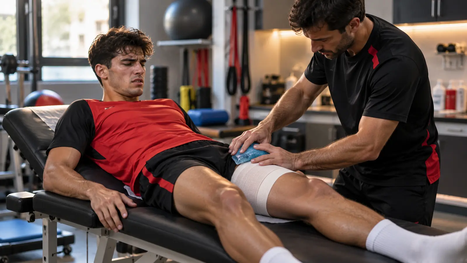 Fisioterapeuta aplica hielo y una venda de compresión en el muslo de un joven futbolista tumbado en la camilla de la enfermería
