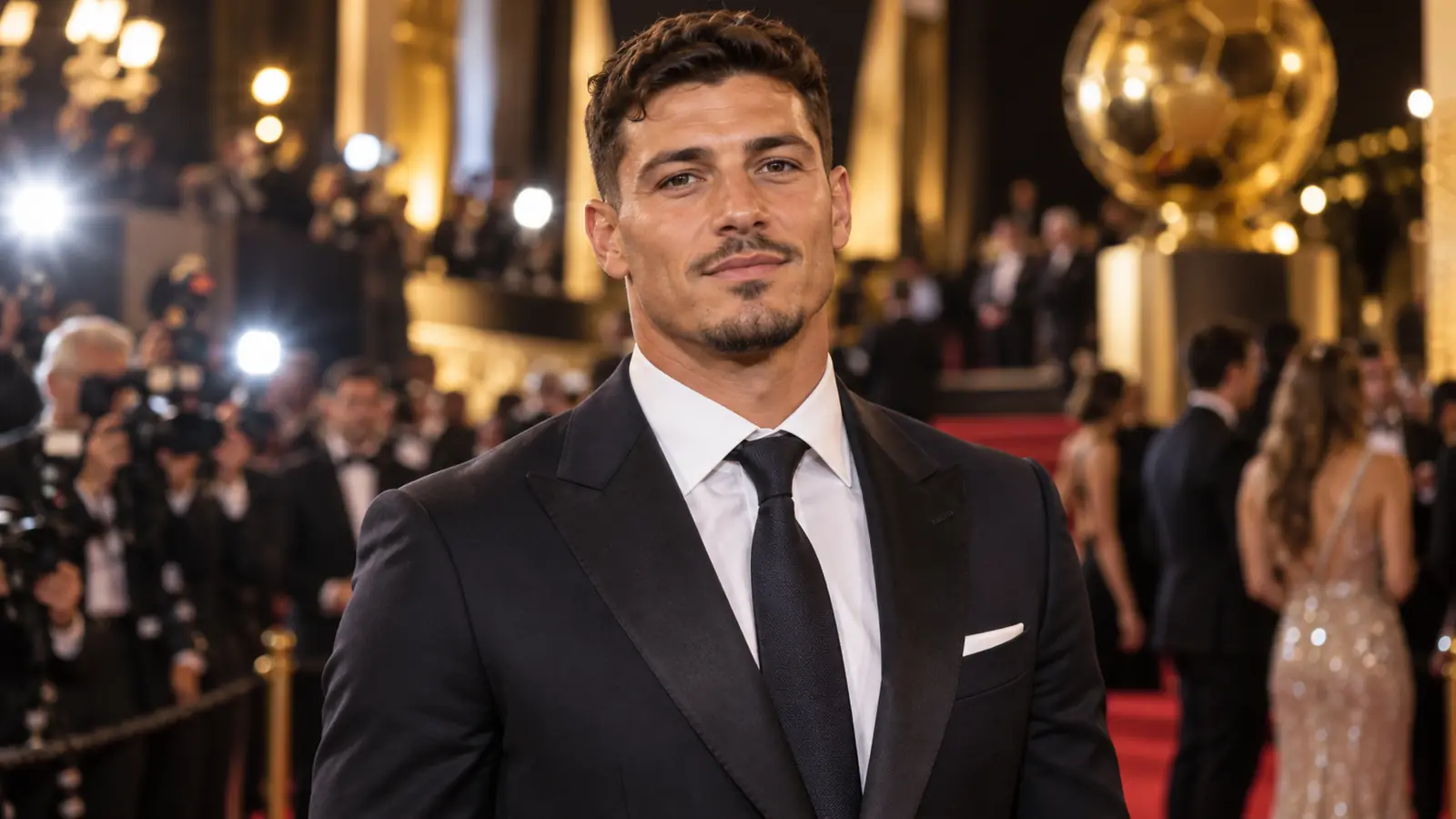 Un futbolista adulto con traje oscuro posa en la alfombra roja de una gala de premios de fútbol