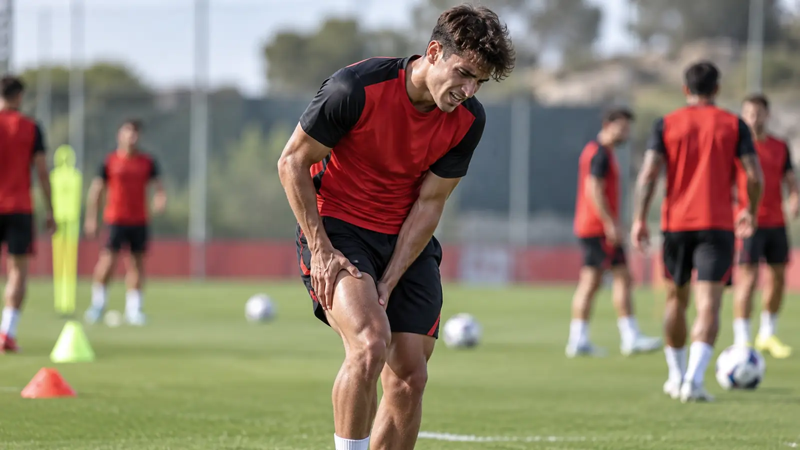 Joven futbolista con ropa roja y negra se sujeta el muslo con gesto de dolor durante un entrenamiento, como Jan Salas al recaer
