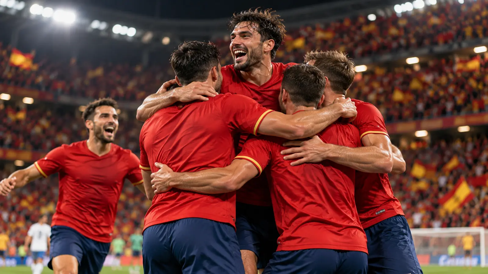 Futbolistas con camiseta roja y pantalón azul se abrazan celebrando un gol en un estadio lleno con la grada roja y amarilla