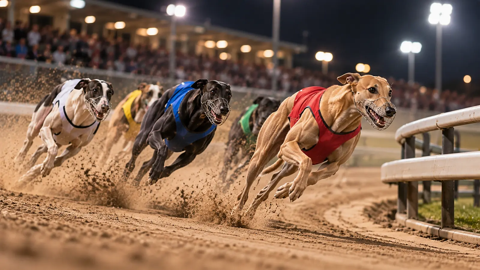 Galgos de carreras en plena zancada tomando la curva de un canódromo de arena bajo los focos nocturnos