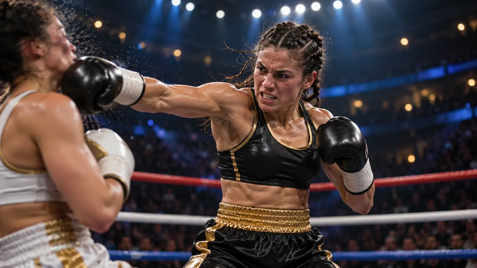 Boxeadora lanza un golpe en un combate de titulo Boxeadora femenina conecta un golpe potente sobre su rival durante un combate en el ring