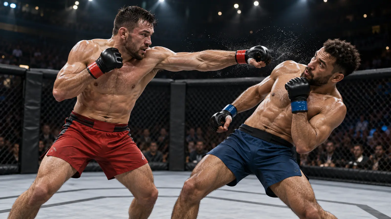 Dos luchadores de MMA intercambian golpes en el centro del octágono bajo los focos, uno lanza un directo y el otro lo esquiva