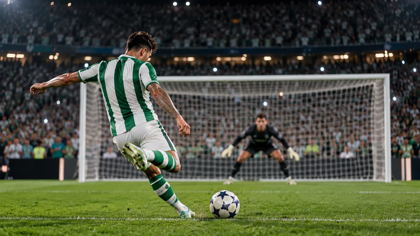 Lanzamiento de penalti en un estadio de noche Un futbolista con camiseta de rayas verdes y blancas lanza un penalti ante el portero en un estadio iluminado
