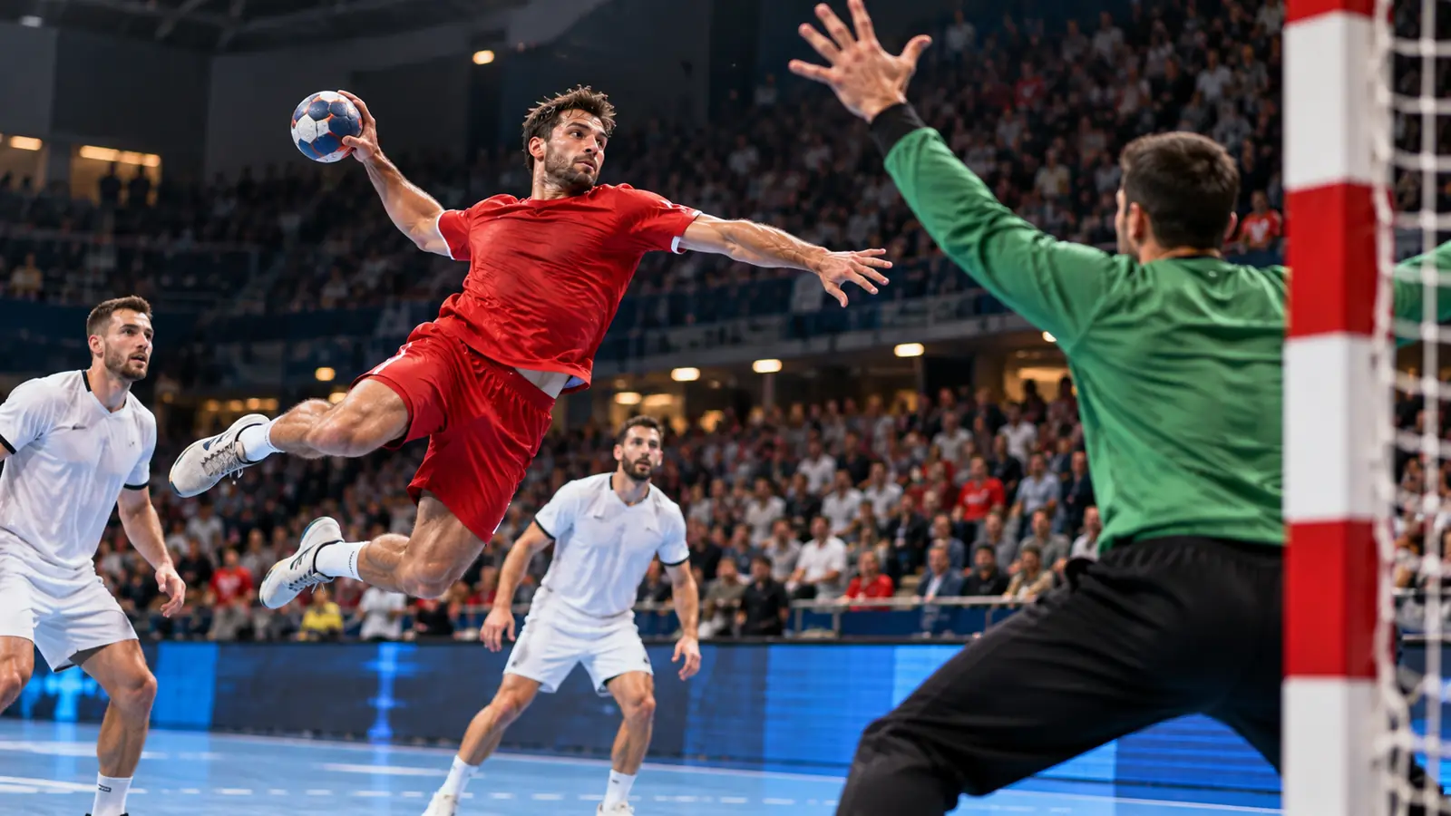 Lanzamiento en suspensión en balonmano Jugador de balonmano con camiseta roja lanza en suspensión sobre el área mientras el portero se abre para intentar parar en un pabellón lleno