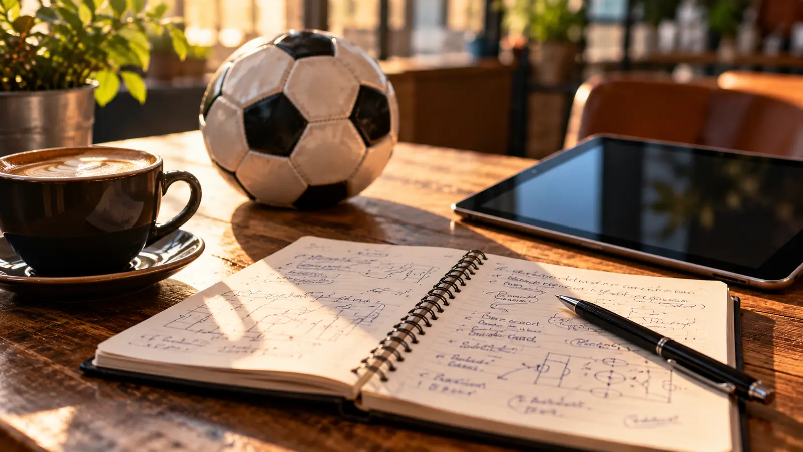 Libreta de análisis de apuestas Libreta abierta con anotaciones, bolígrafo, taza de café y un balón de fútbol sobre una mesa de madera