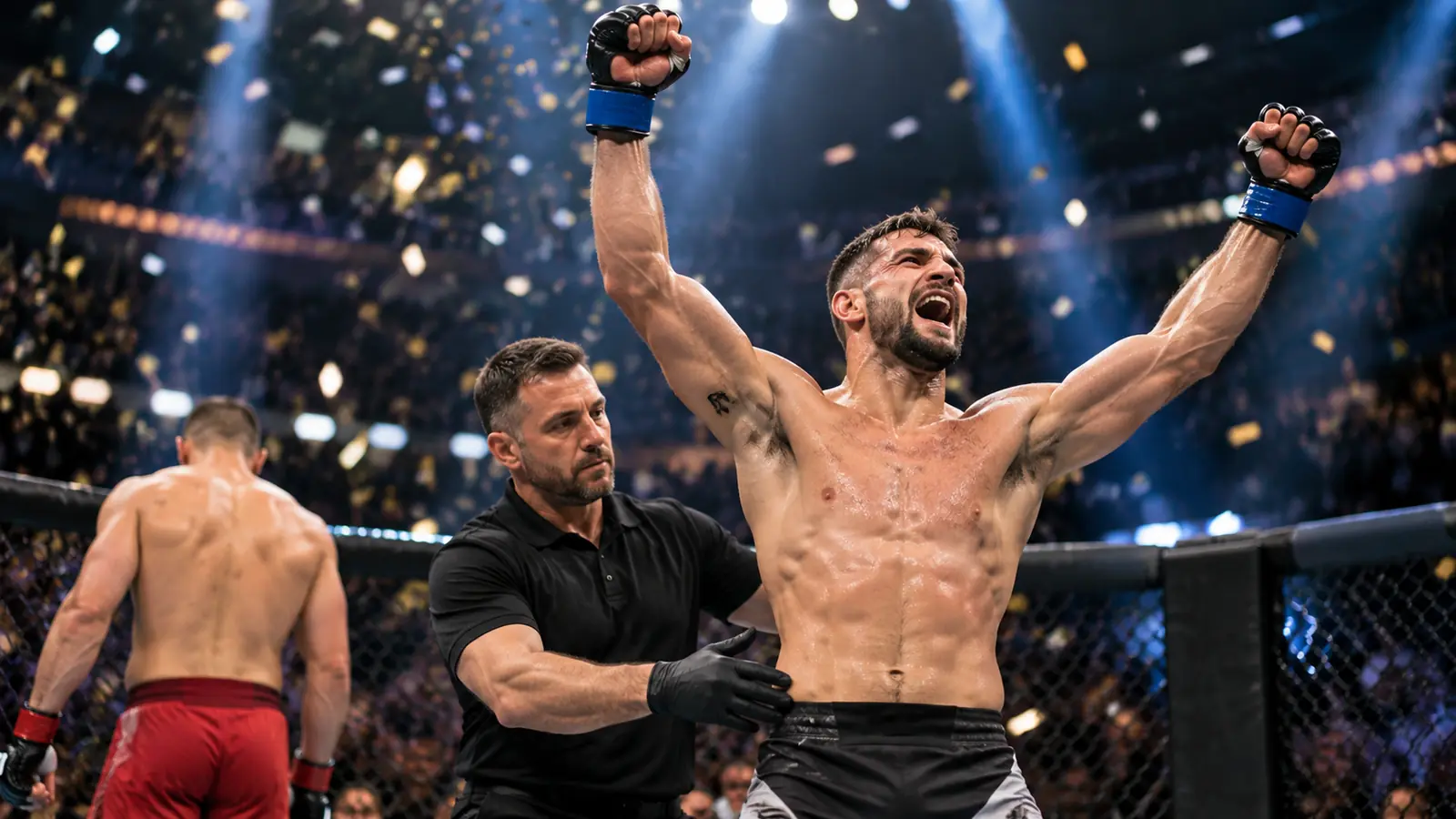 Luchador de MMA celebra con los brazos en alto su victoria en el octágono junto al árbitro bajo los focos