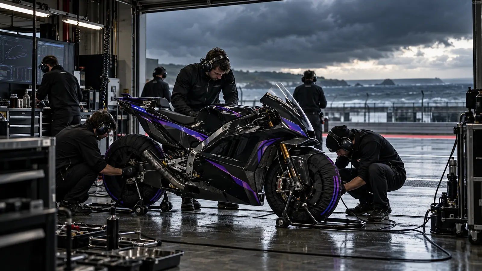 Mecánicos preparan una moto de MotoGP negra y violeta en el box mientras nubes de lluvia avanzan sobre el mar