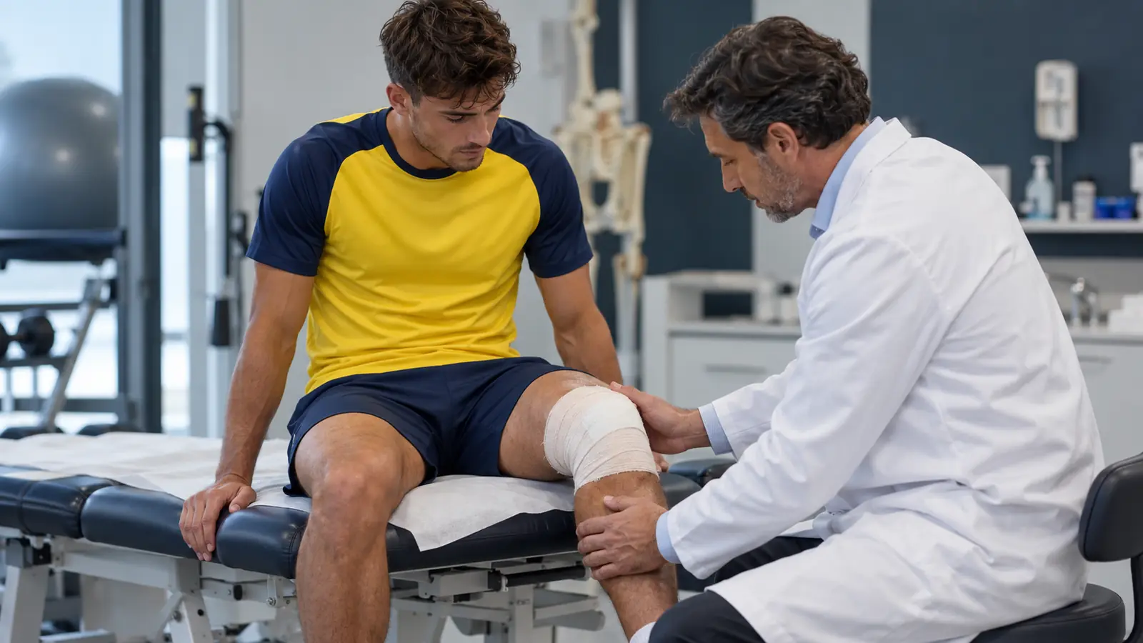 Un médico revisa la rodilla izquierda vendada de un futbolista sentado en una camilla, como Asensio tras su artroscopia