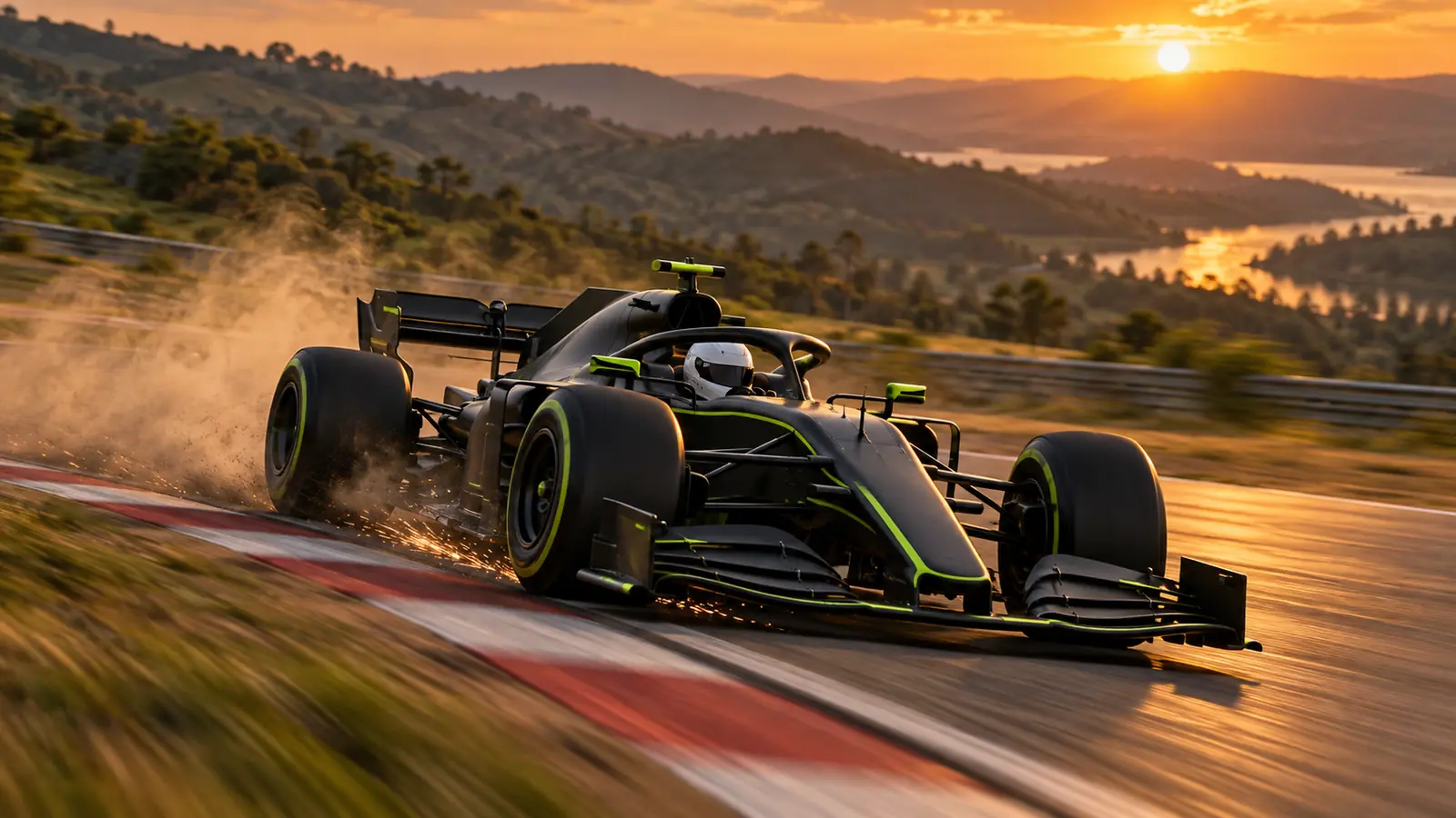 Monoplaza de F1 en curva al atardecer Monoplaza de Fórmula 1 negro con detalles verde lima traza una curva a gran velocidad sobre el piano rojo y blanco, con colinas y un atardecer al fondo