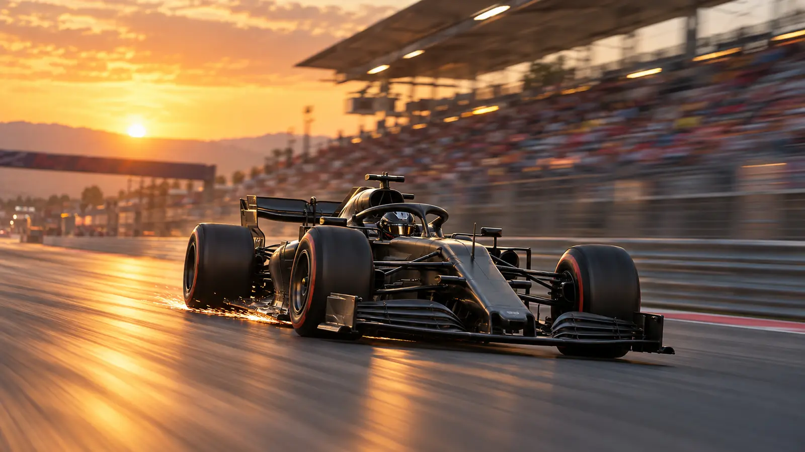 Monoplaza de F1 a toda velocidad en una recta Un monoplaza de Fórmula 1 de librea oscura circula a toda velocidad por una recta al atardecer, con chispas bajo el chasis