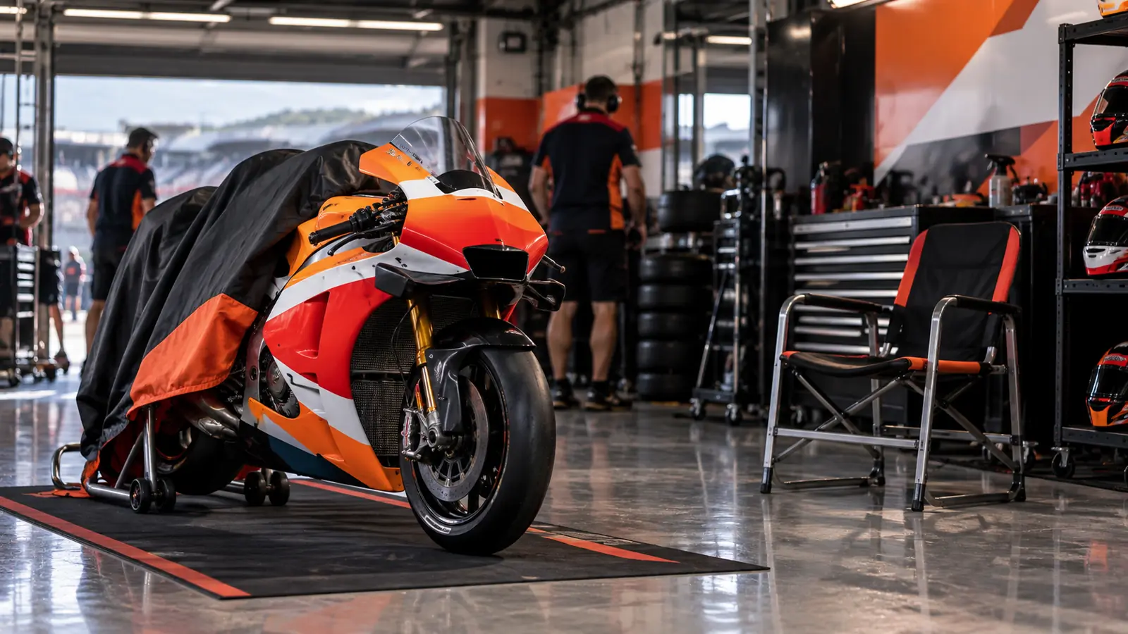 Moto de MotoGP naranja y blanca medio cubierta con su funda en el box, con la silla del piloto vacía, como la Honda de Joan Mir