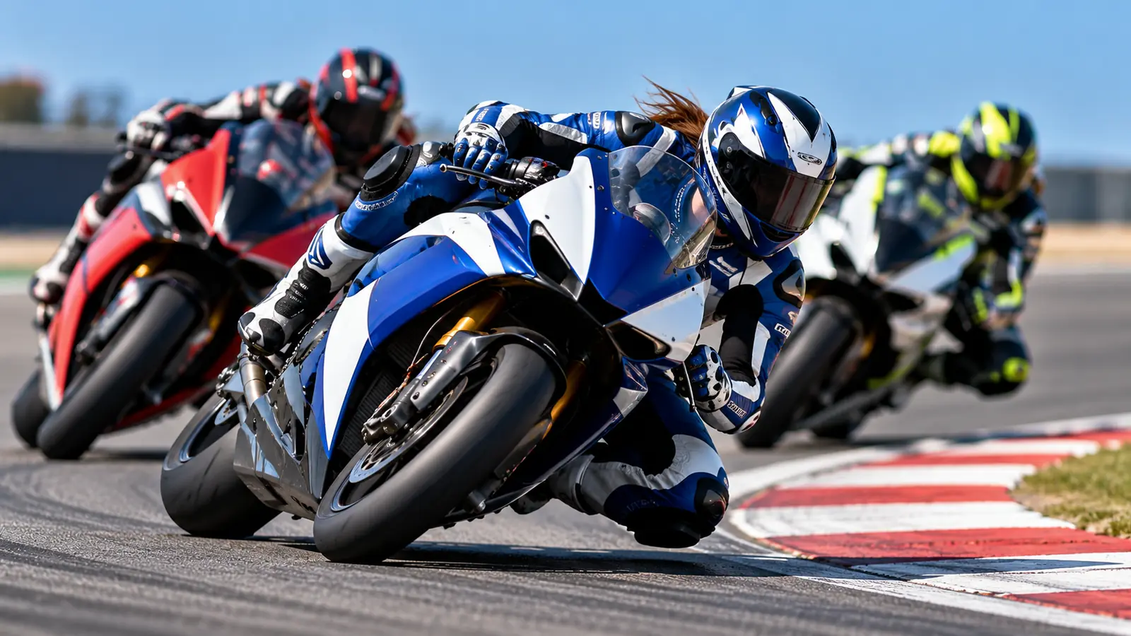 Tres motos de carreras trazan una curva con pianos rojos y blancos, la piloto de azul y blanco al frente, en una carrera del Mundial femenino de motociclismo
