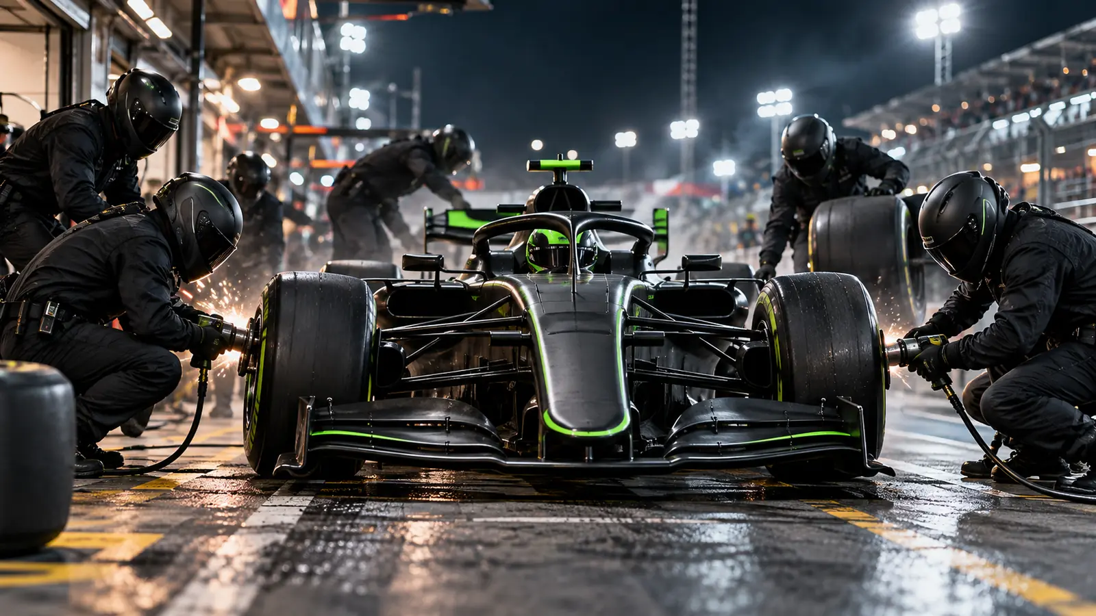 Parada en boxes de Fórmula 1 Mecánicos cambian los neumáticos de un monoplaza de Fórmula 1 negro con detalles verde lima durante una parada en boxes nocturna