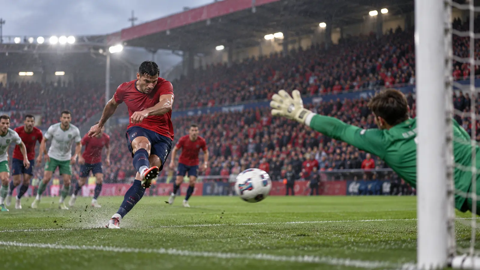 Penalti del delantero de Osasuna ante el Racing Delantero con camiseta roja lanza un penalti mientras el portero de verde se estira hacia el otro lado en un estadio lleno