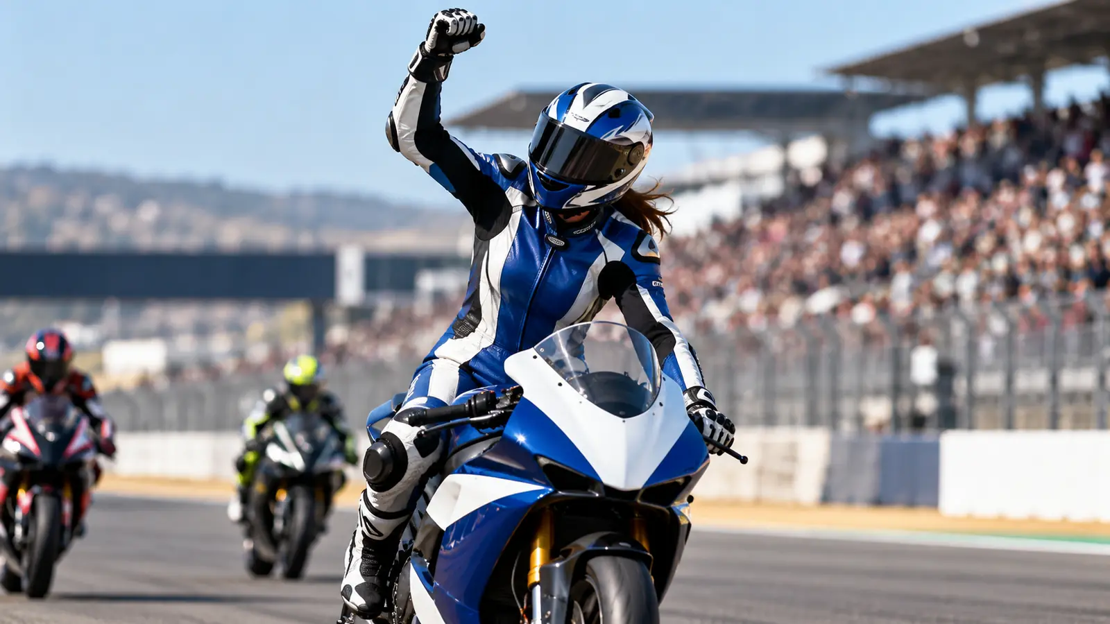 Piloto con mono azul y blanco levanta el puño sobre su moto en la recta de un circuito soleado, como María Herrera al revalidar el WorldWCR en Jerez