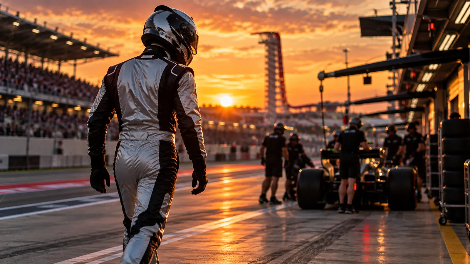 Piloto de F1 con casco caminando por el pit lane al atardecer Piloto de Fórmula 1 con mono plateado y casco puesto camina por el pit lane de Austin al atardecer mientras los mecánicos preparan el coche