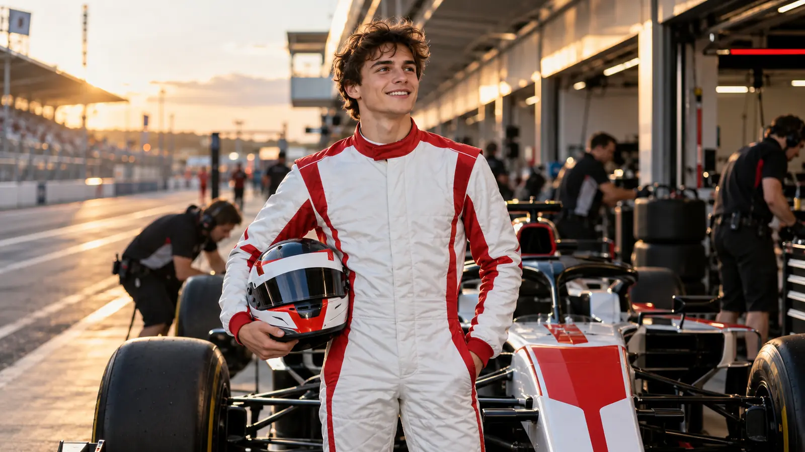 Joven piloto en el pit lane junto a un monoplaza de F1 Un joven piloto con mono de carreras blanco y rojo sostiene el casco junto a un monoplaza de Fórmula 1 en el pit lane al atardecer
